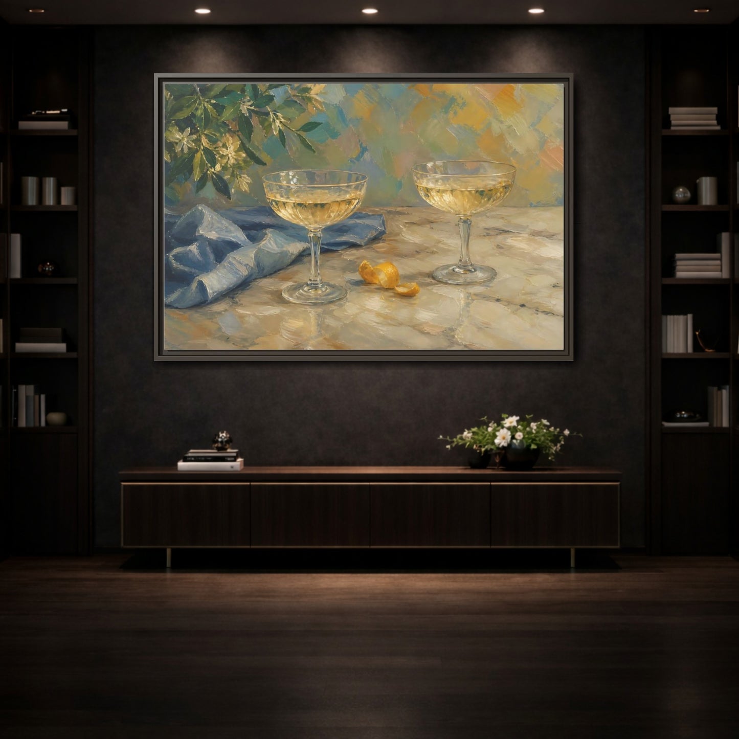 Mockup 3. Floral Champagne Glasses Blue And Gold shown as stretched canvas wall art