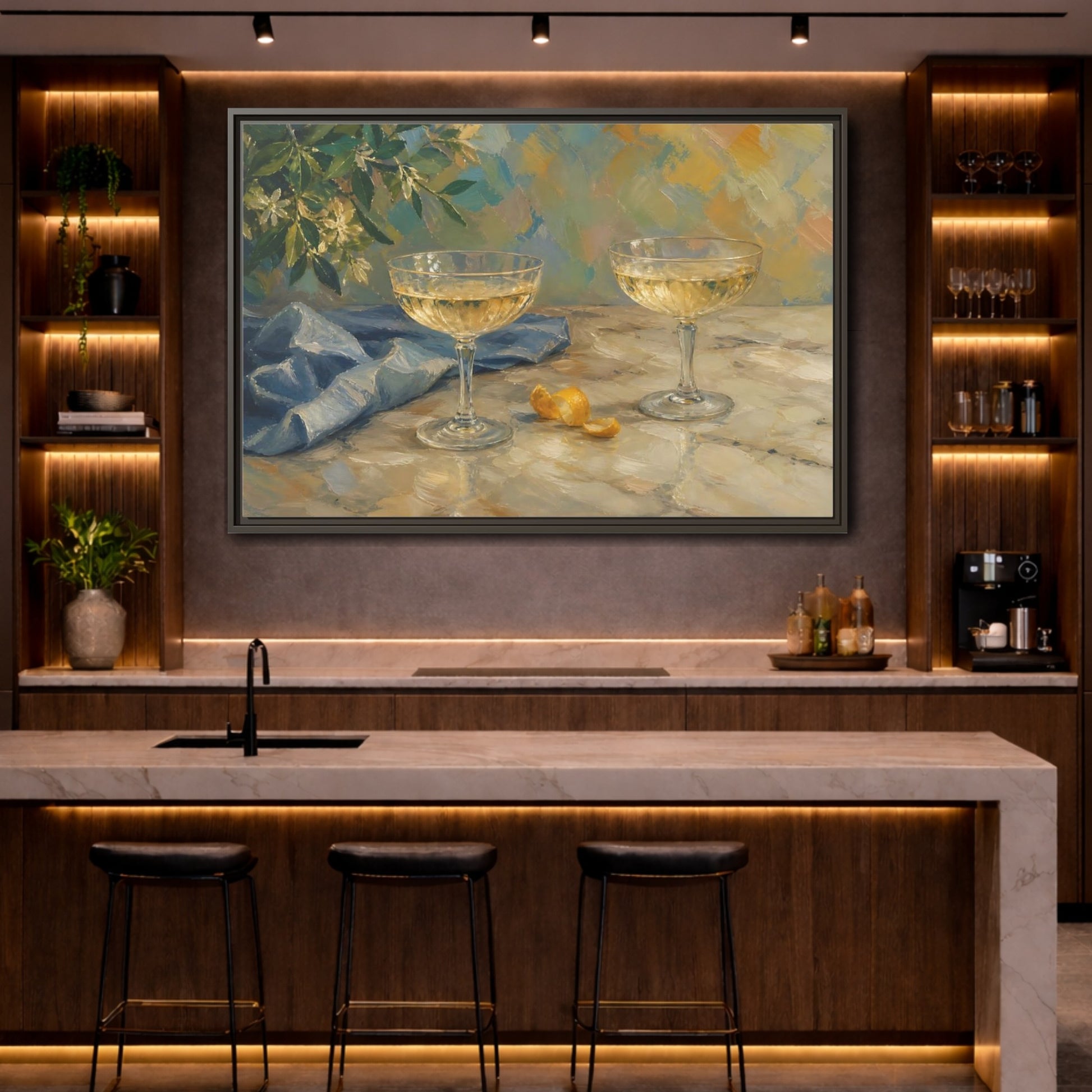 Mockup 4. Floral Champagne Glasses Blue And Gold shown as stretched canvas wall art
