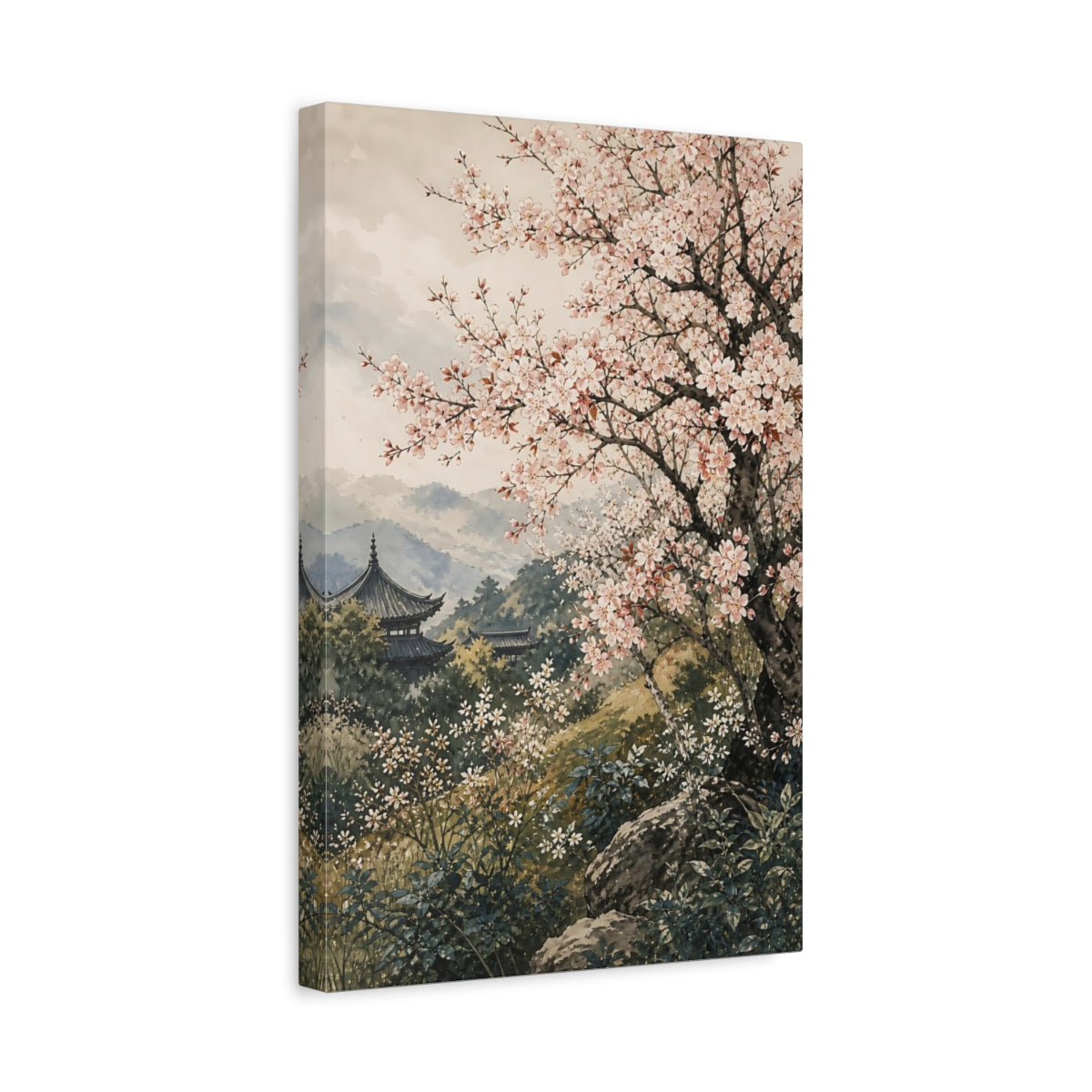 Side Mockup 4. Floral Cherry Blossom Pink Cherry Blossom shown as stretched canvas wall art