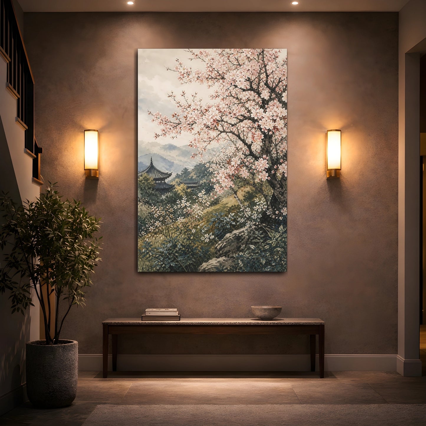 Mockup 2. Floral Cherry Blossom Pink Cherry Blossom shown as stretched canvas wall art