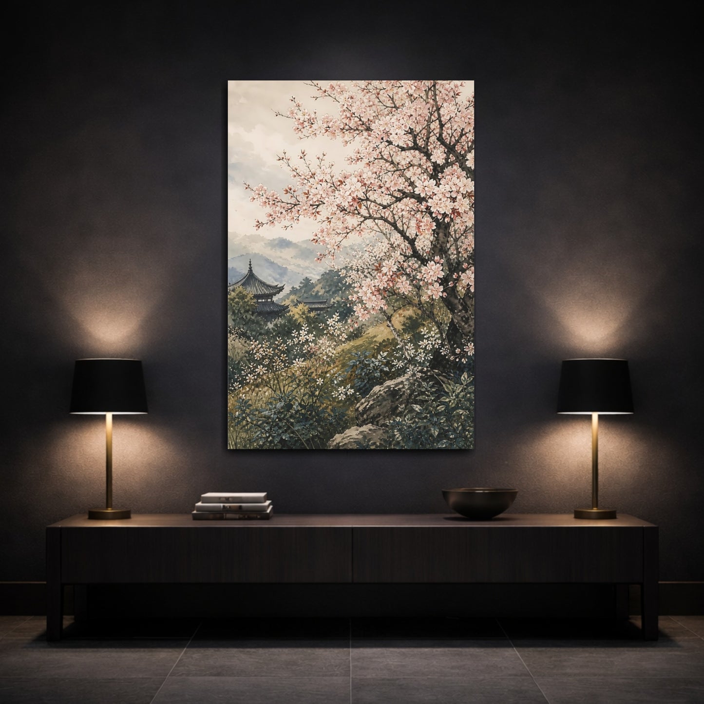 Mockup 3. Floral Cherry Blossom Pink Cherry Blossom shown as stretched canvas wall art