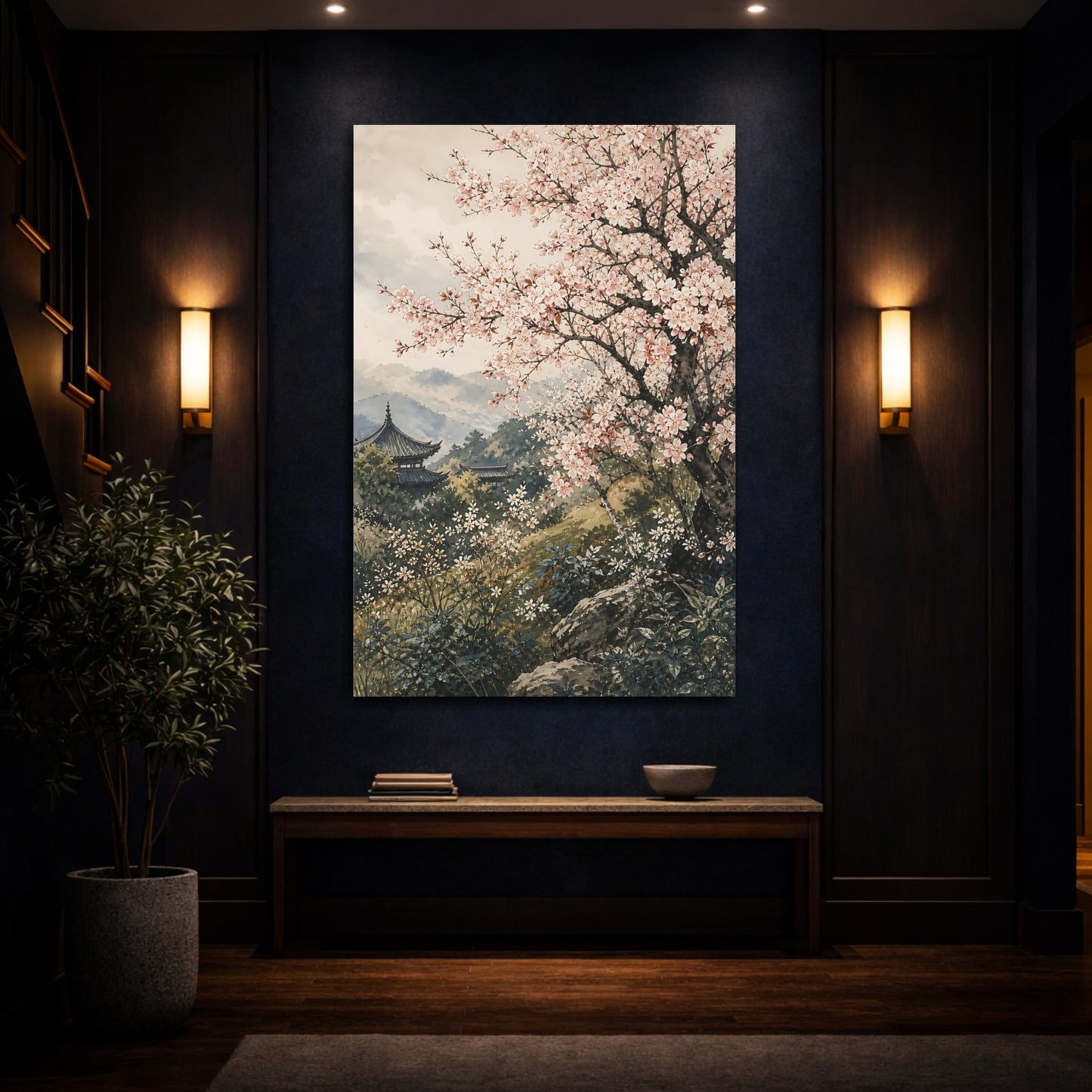 Mockup 4. Floral Cherry Blossom Pink Cherry Blossom shown as stretched canvas wall art