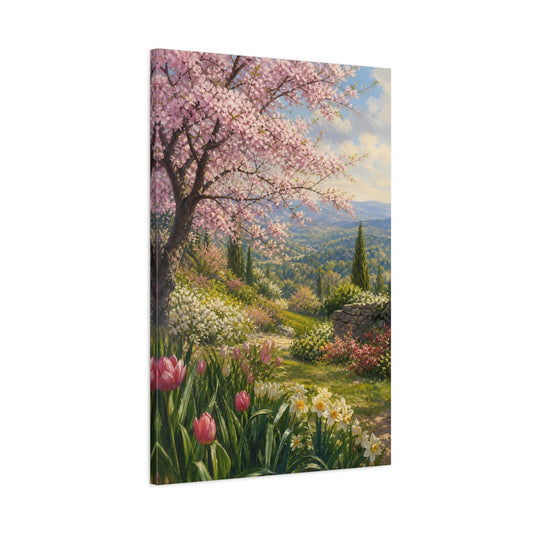 Main Mockup. Floral Cherry Blossom Pink Spring Landscape shown as stretched canvas wall art