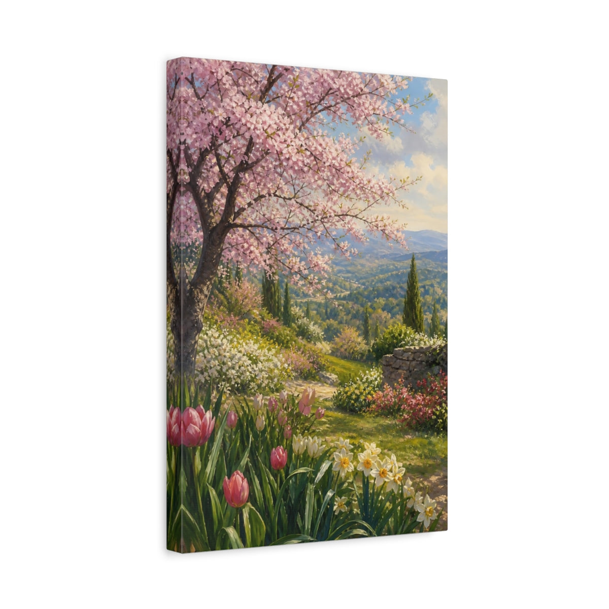 Side Mockup 4. Floral Cherry Blossom Pink Spring Landscape shown as stretched canvas wall art