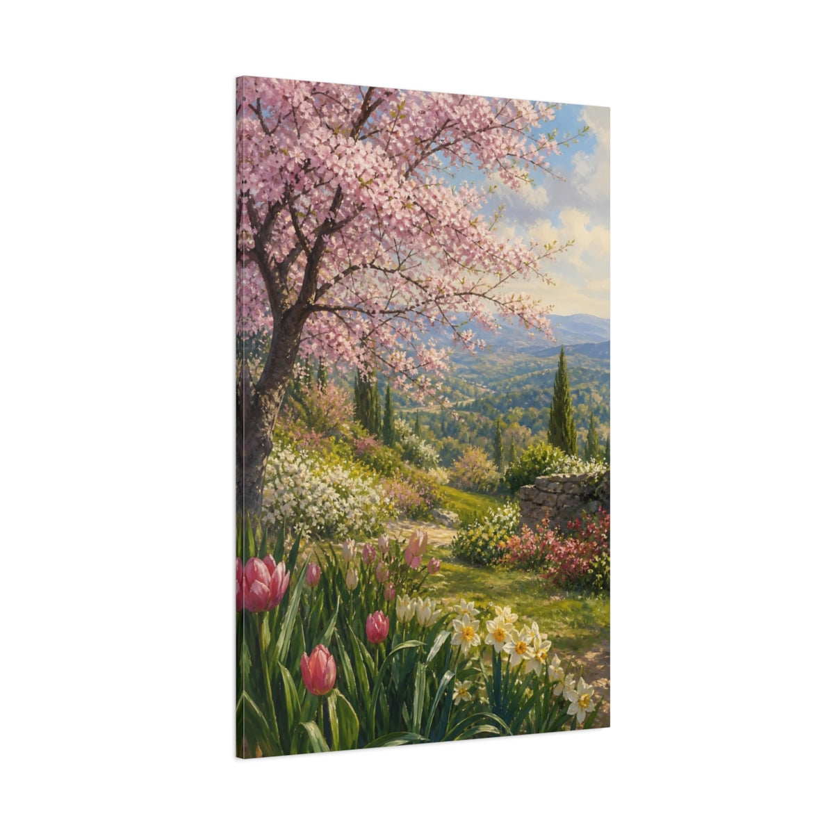 Side Mockup 1. Floral Cherry Blossom Pink Spring Landscape shown as stretched canvas wall art