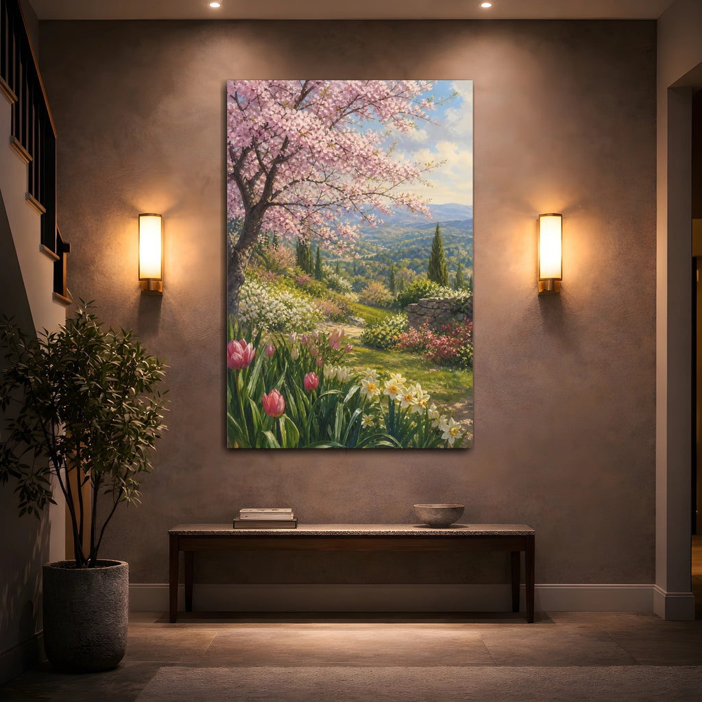 Mockup 2. Floral Cherry Blossom Pink Spring Landscape shown as stretched canvas wall art