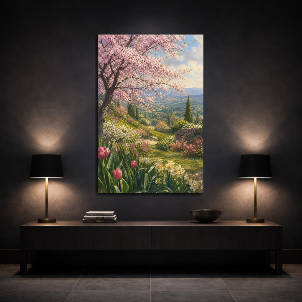 Mockup 3. Floral Cherry Blossom Pink Spring Landscape shown as stretched canvas wall art