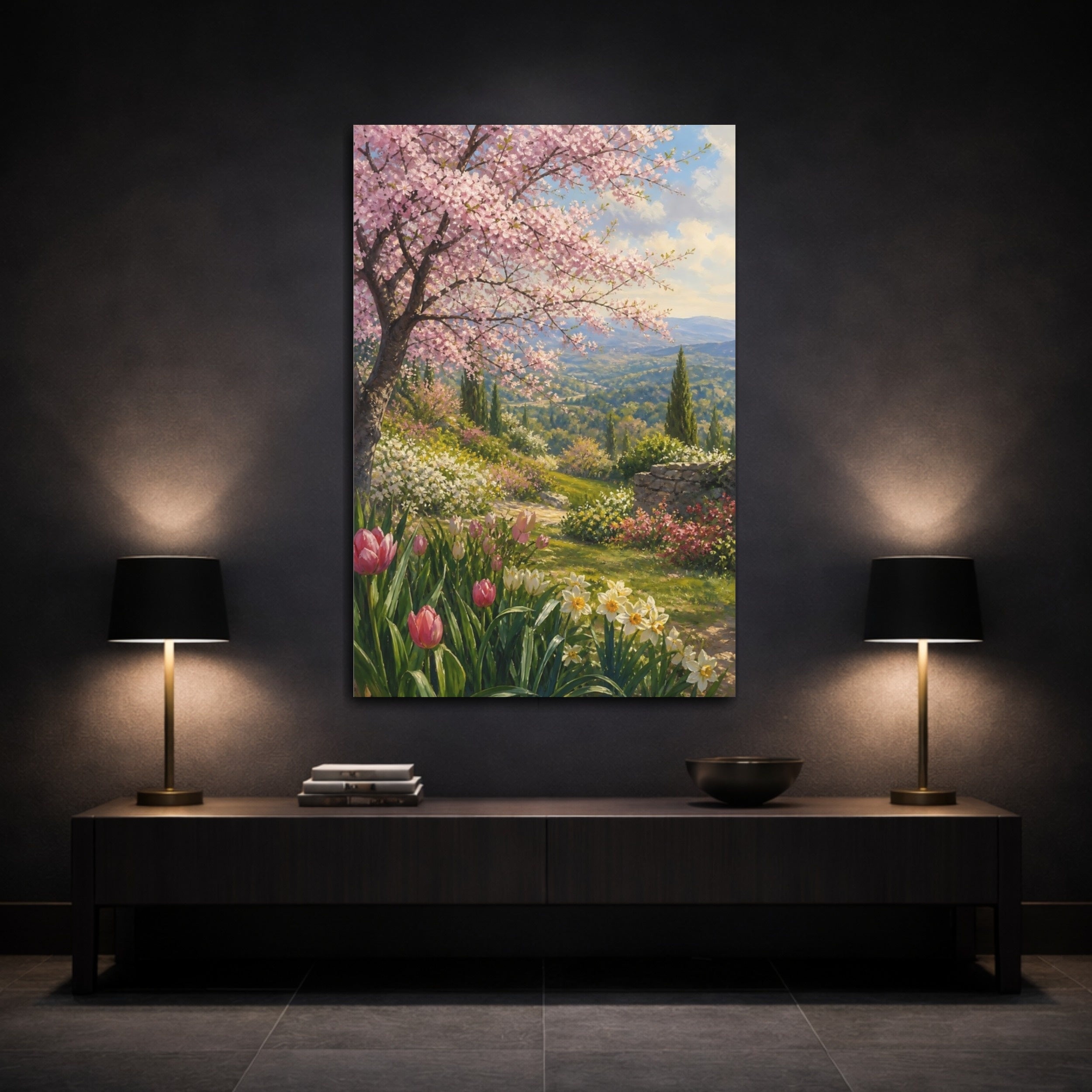 Mockup 3. Floral Cherry Blossom Pink Spring Landscape shown as stretched canvas wall art