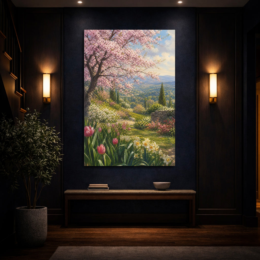 Mockup 4. Floral Cherry Blossom Pink Spring Landscape shown as stretched canvas wall art
