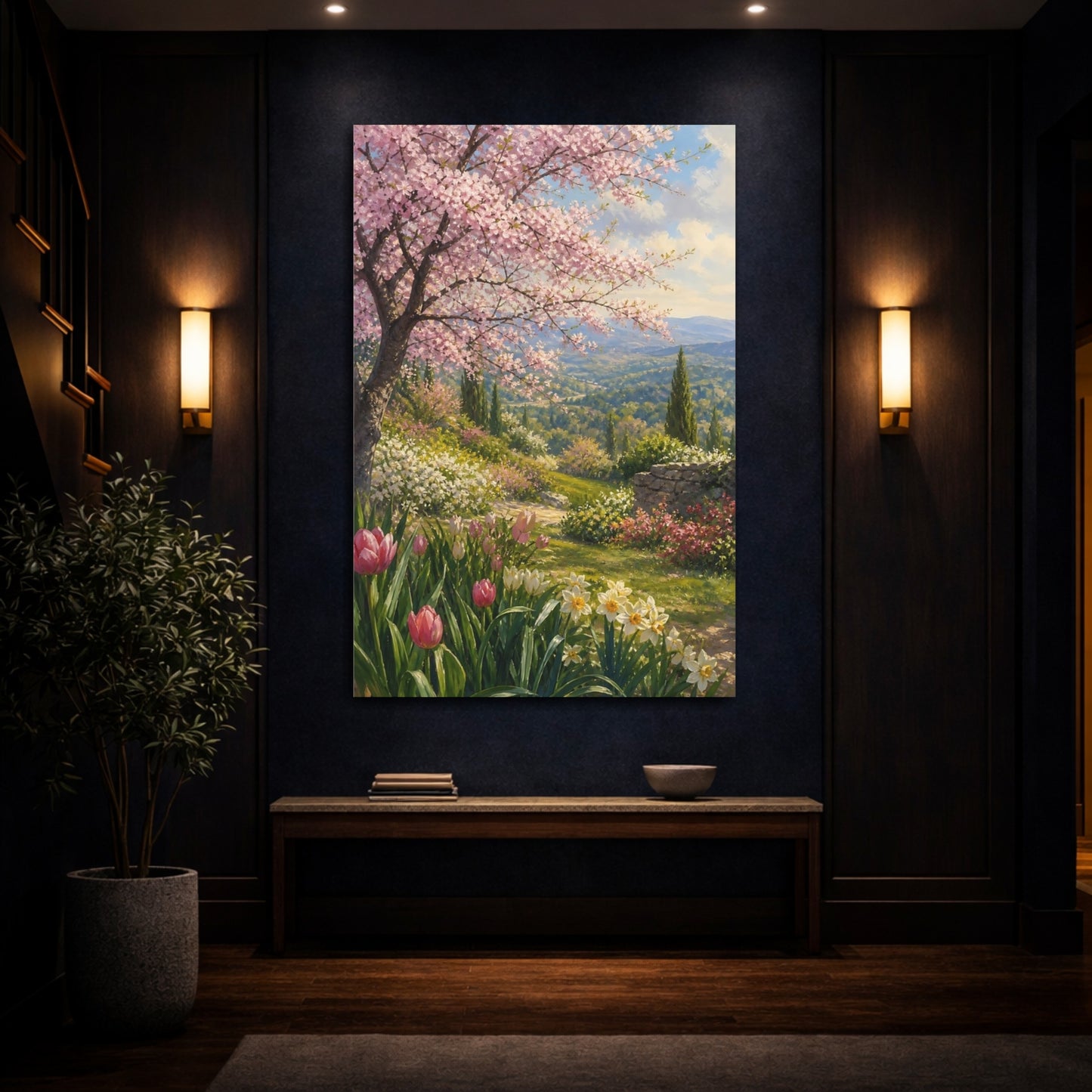 Mockup 4. Floral Cherry Blossom Pink Spring Landscape shown as stretched canvas wall art
