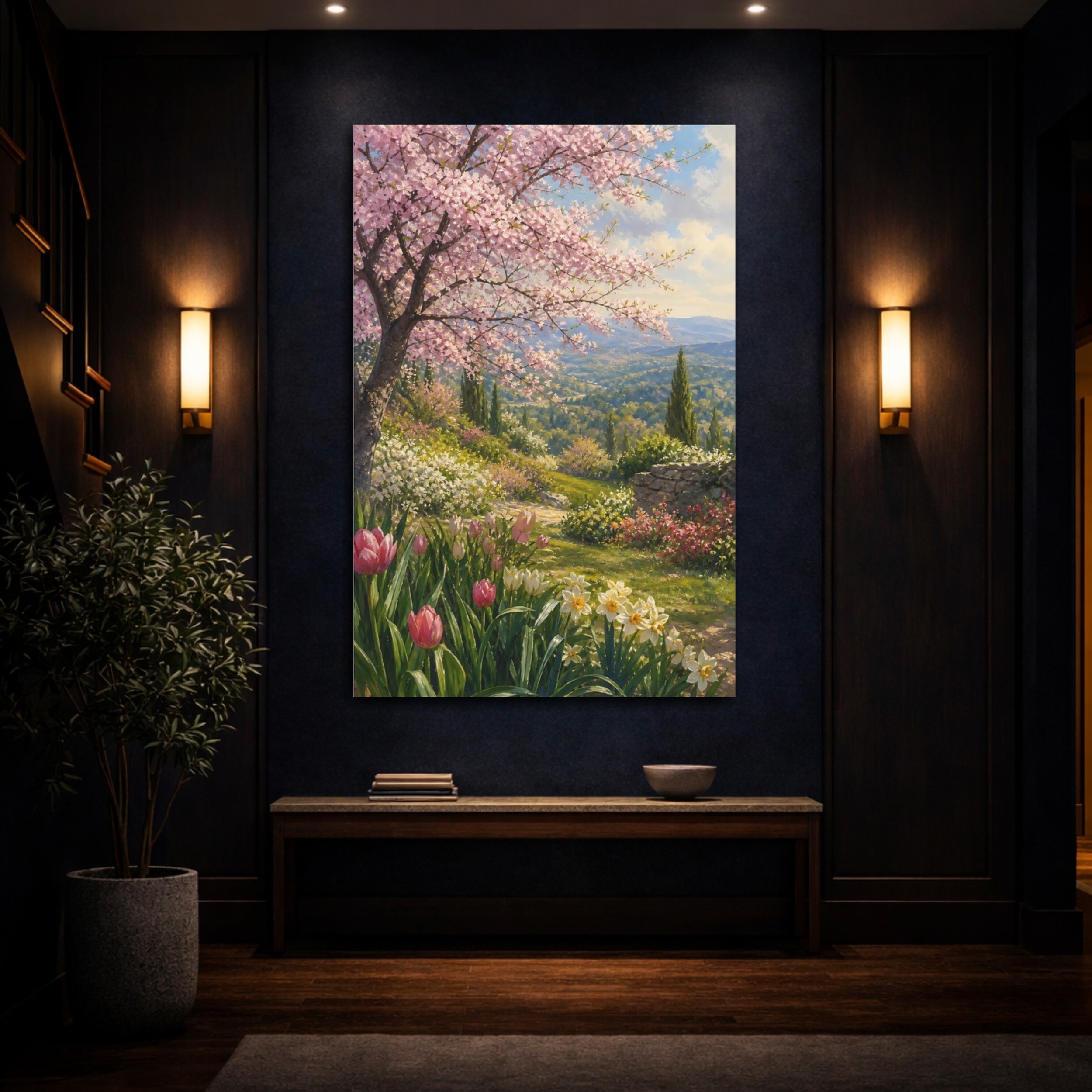 Mockup 4. Floral Cherry Blossom Pink Spring Landscape shown as stretched canvas wall art