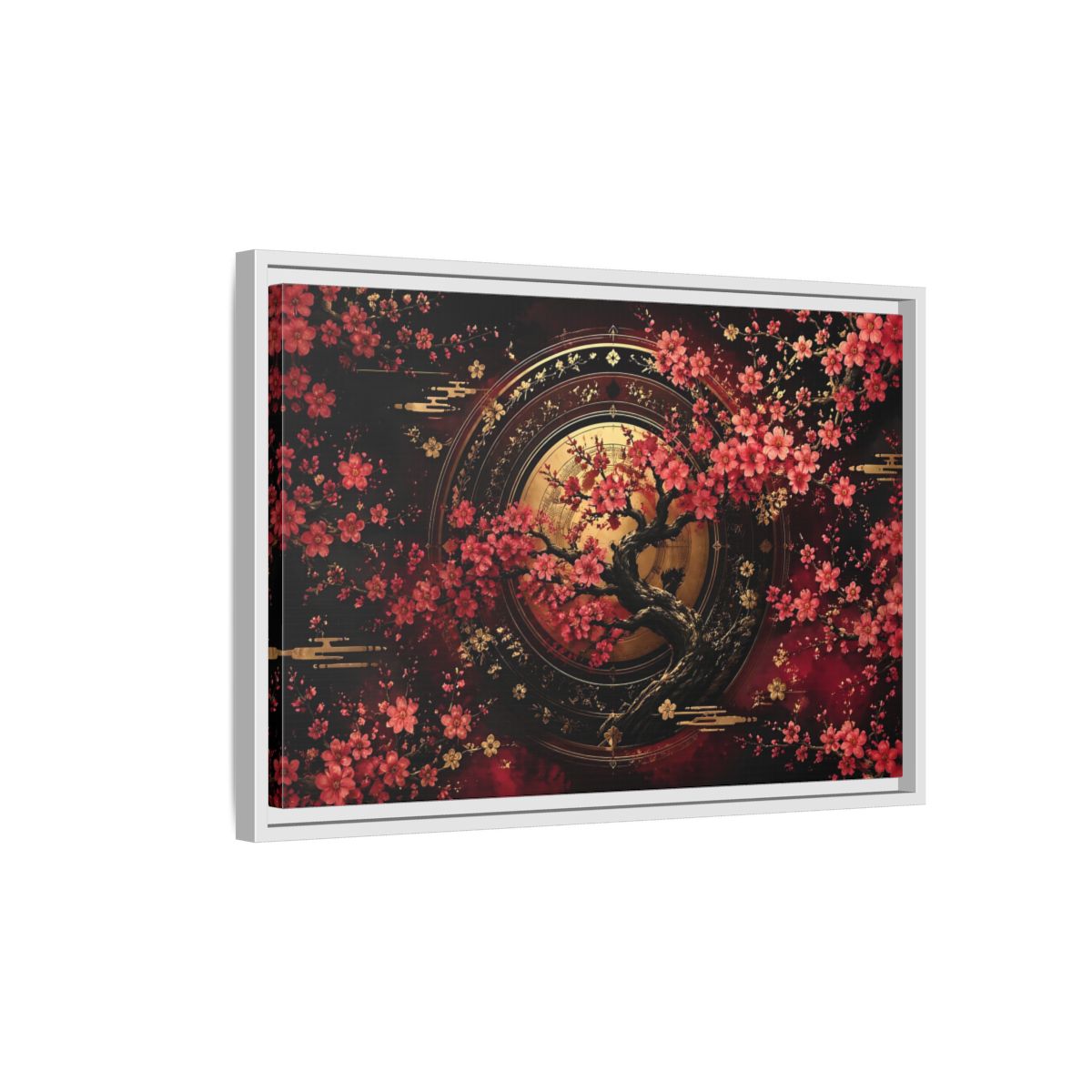 Side Mockup 1. Floral Cherry Blossom Tree Red Black Gold shown as stretched canvas wall art