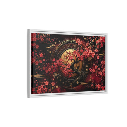 Side Mockup 1. Floral Cherry Blossom Tree Red Black Gold shown as stretched canvas wall art