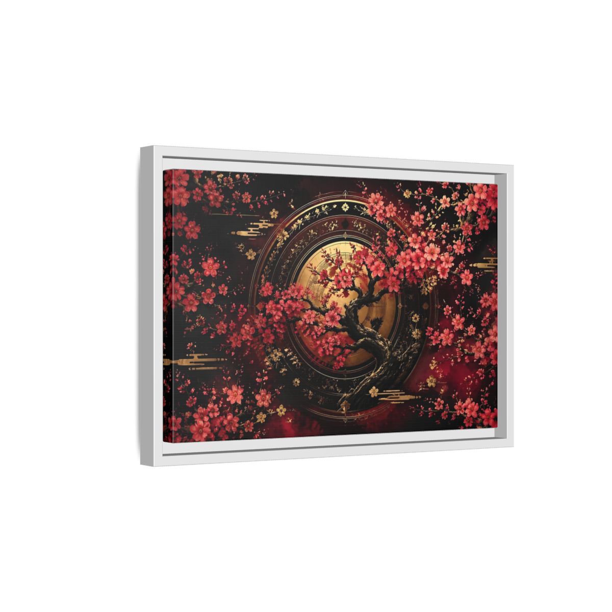 Side Mockup 4. Floral Cherry Blossom Tree Red Black Gold shown as stretched canvas wall art