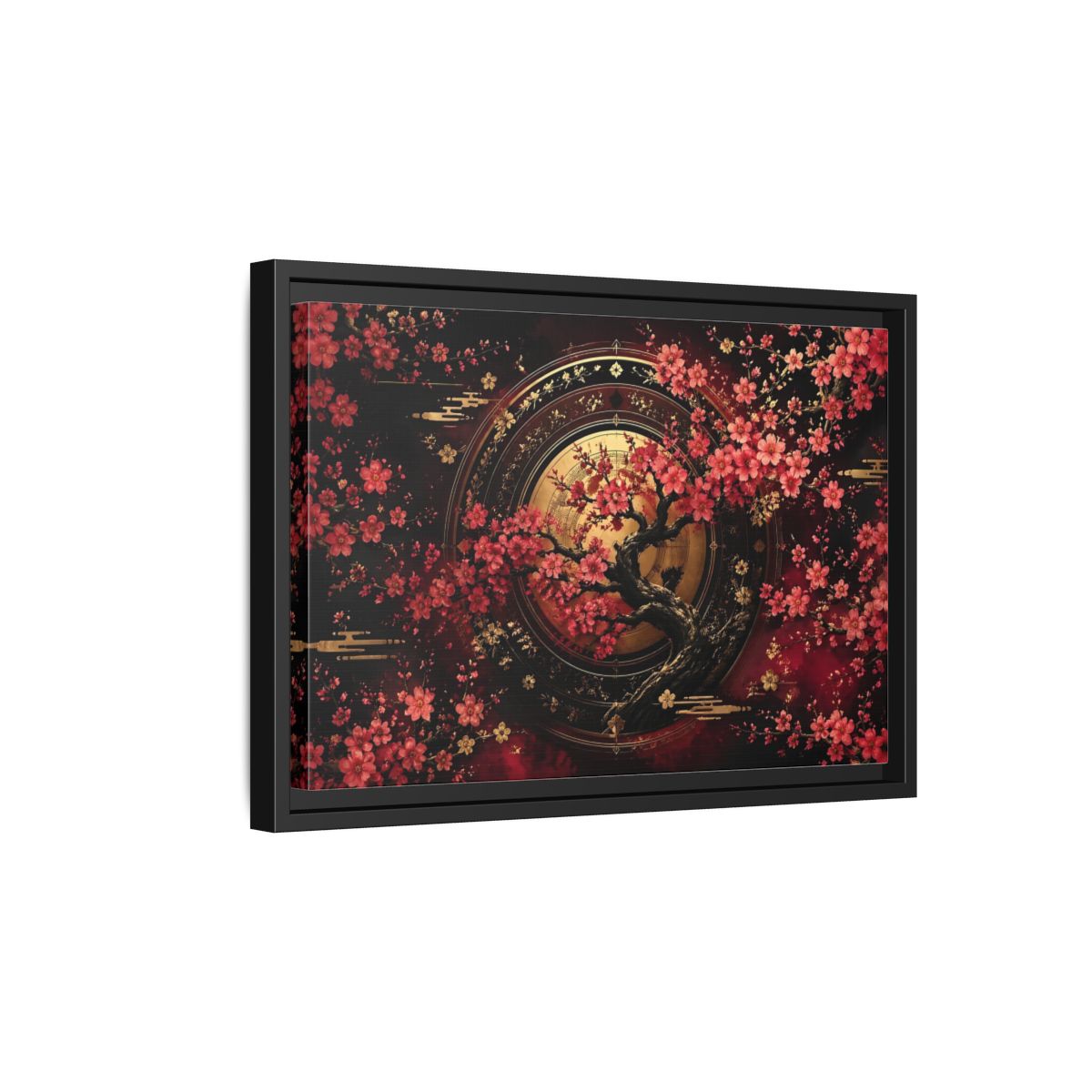 Side Mockup 6. Floral Cherry Blossom Tree Red Black Gold shown as stretched canvas wall art
