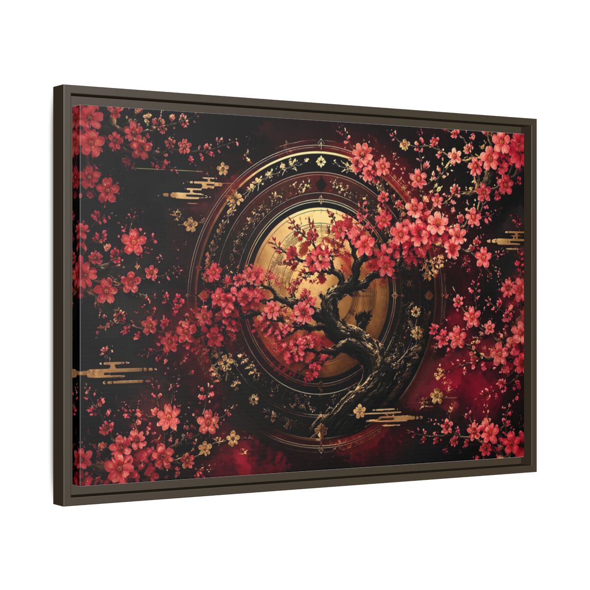 Side Mockup 11. Floral Cherry Blossom Tree Red Black Gold shown as stretched canvas wall art