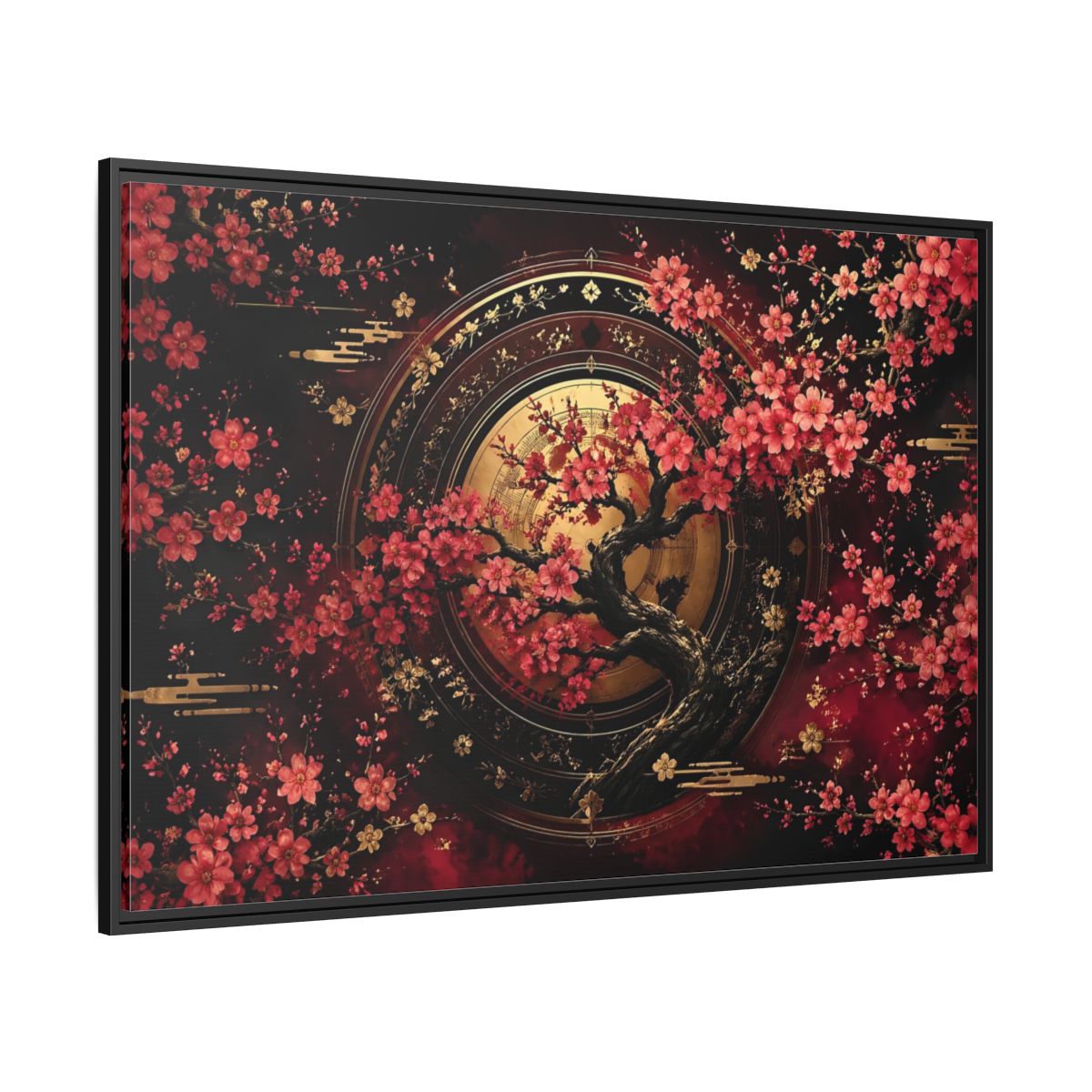 Side Mockup 12. Floral Cherry Blossom Tree Red Black Gold shown as stretched canvas wall art