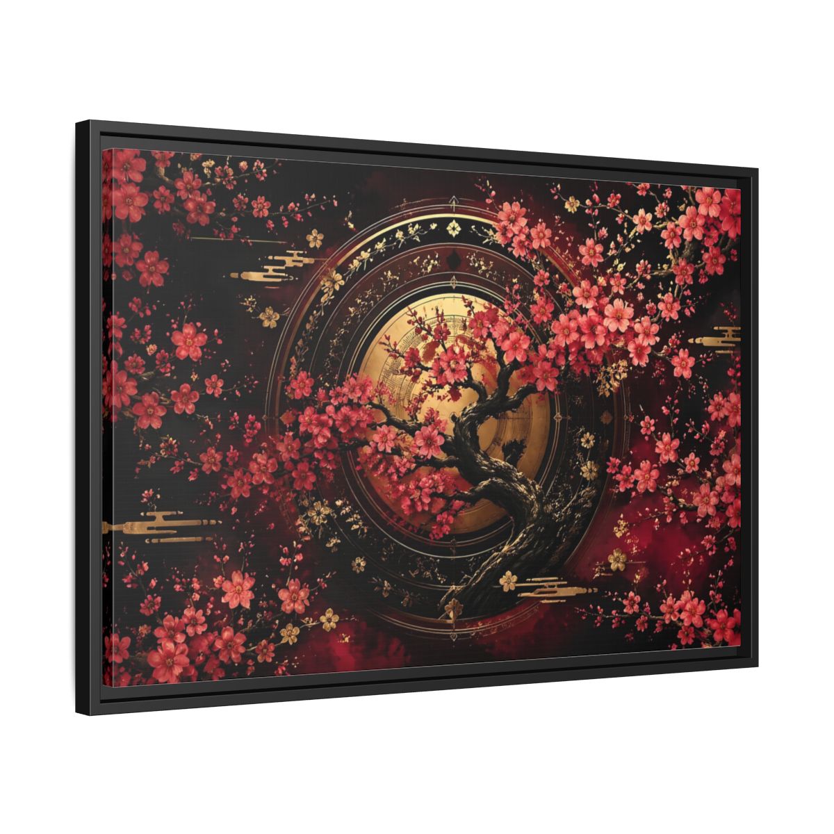 Side Mockup 14. Floral Cherry Blossom Tree Red Black Gold shown as stretched canvas wall art