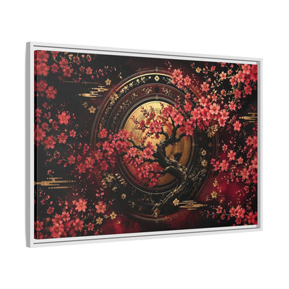 Side Mockup 9. Floral Cherry Blossom Tree Red Black Gold shown as stretched canvas wall art