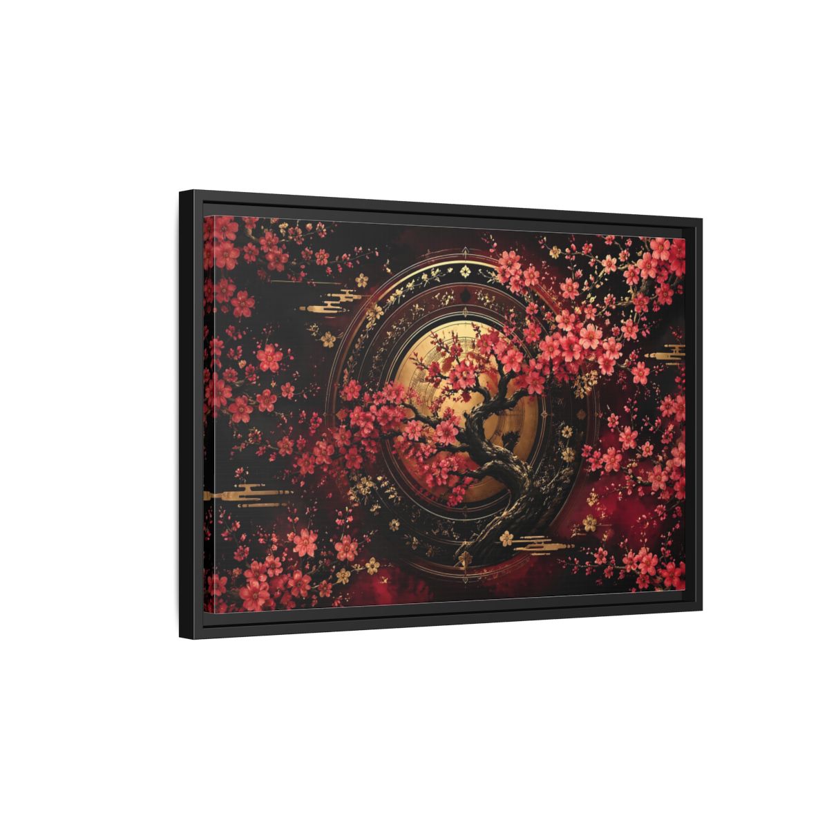 Side Mockup 3. Floral Cherry Blossom Tree Red Black Gold shown as stretched canvas wall art
