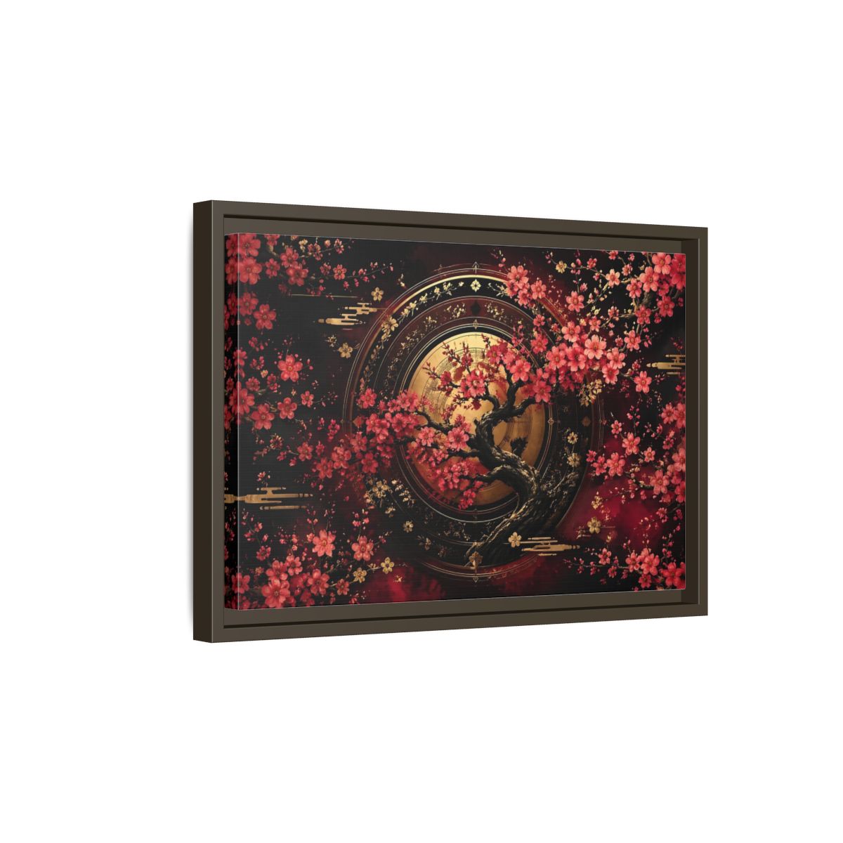Side Mockup 5. Floral Cherry Blossom Tree Red Black Gold shown as stretched canvas wall art