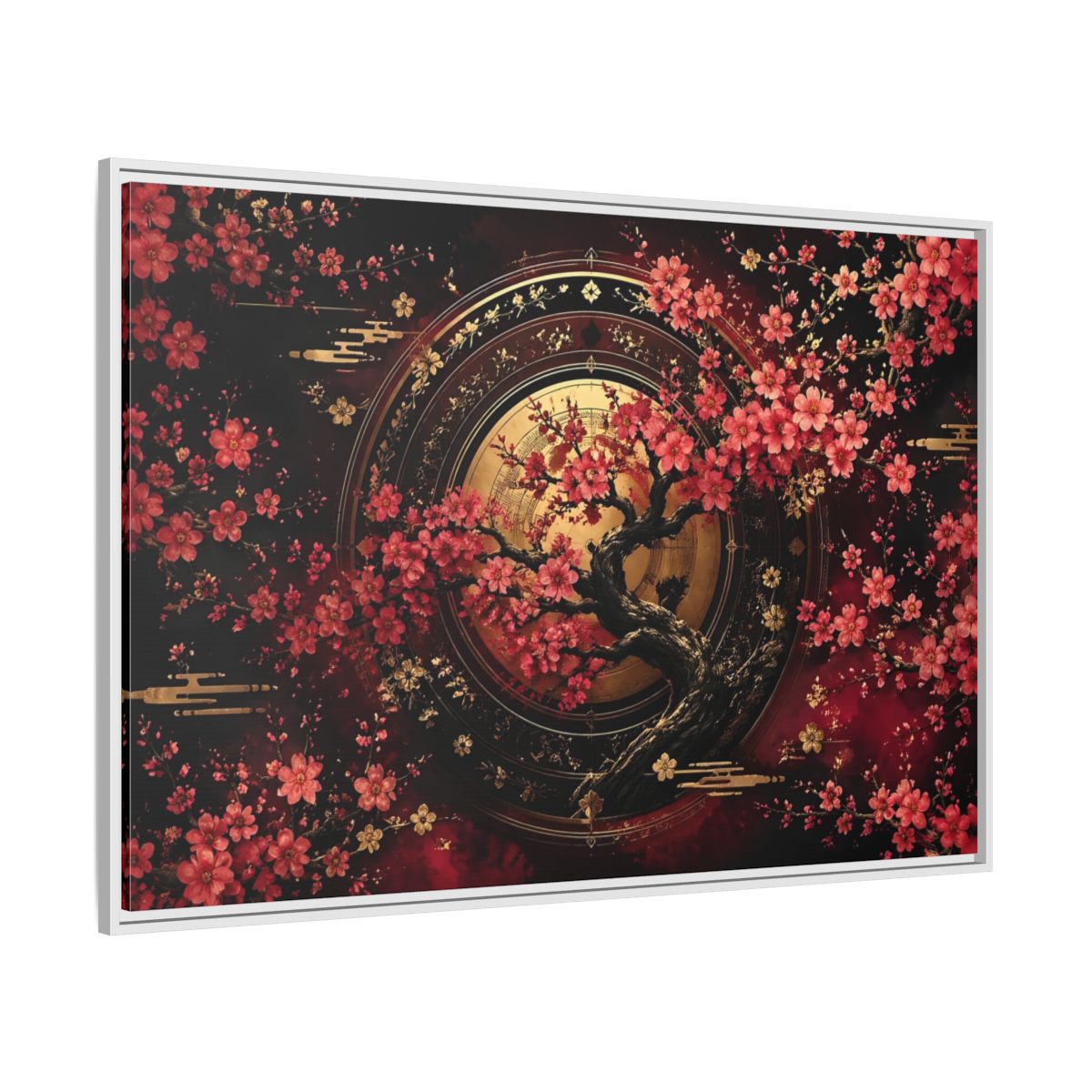 Side Mockup 7. Floral Cherry Blossom Tree Red Black Gold shown as stretched canvas wall art