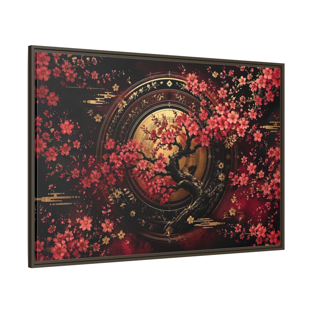Side Mockup 8. Floral Cherry Blossom Tree Red Black Gold shown as stretched canvas wall art