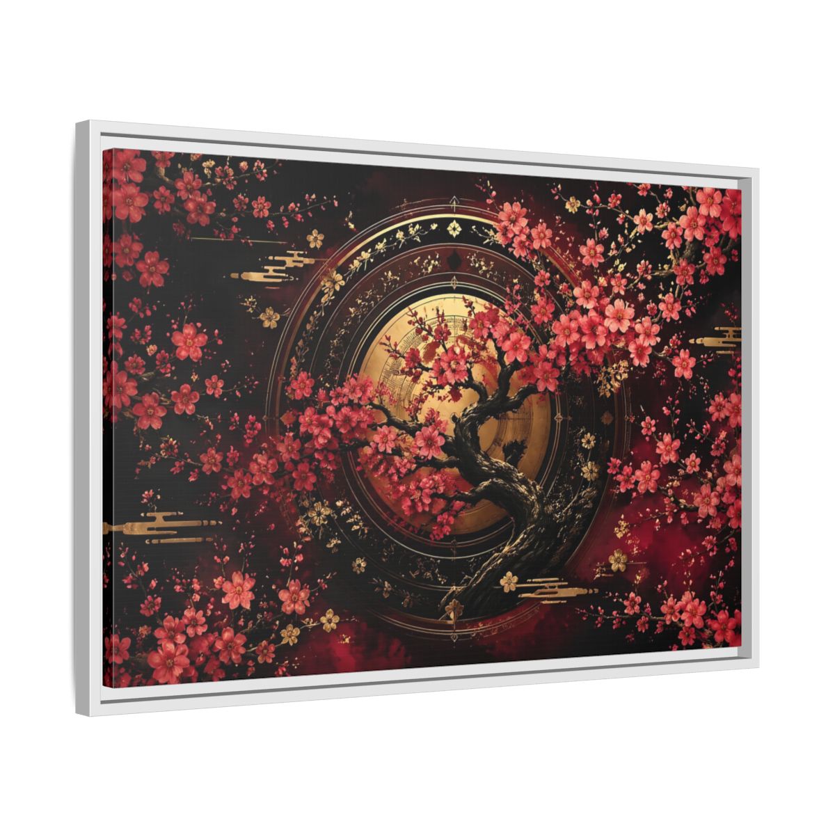 Side Mockup 10. Floral Cherry Blossom Tree Red Black Gold shown as stretched canvas wall art