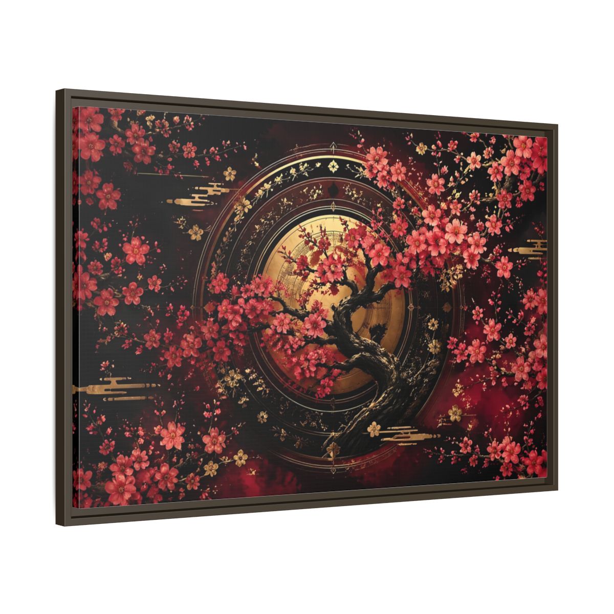 Main Mockup. Floral Cherry Blossom Tree Red Black Gold shown as stretched canvas wall art