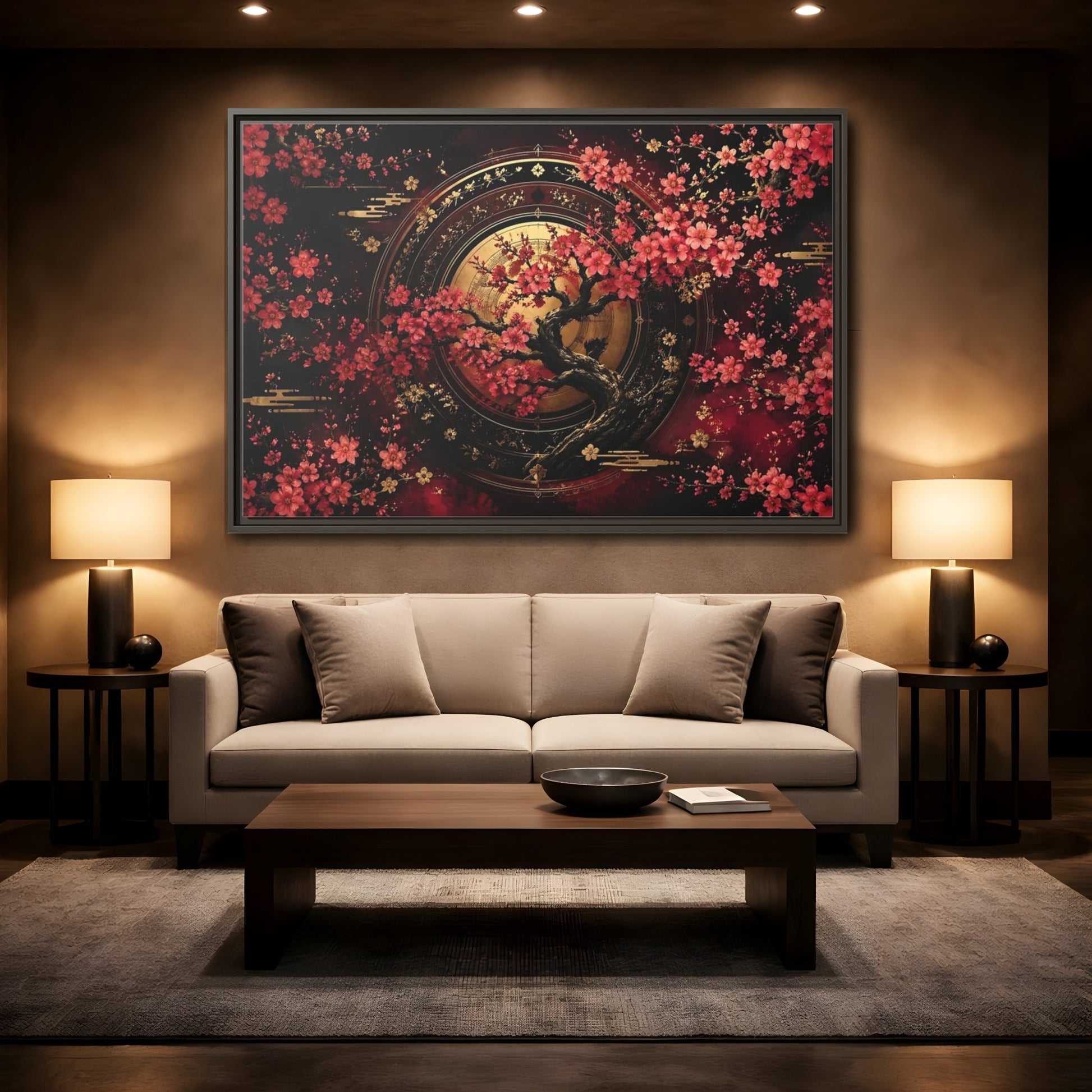 Mockup 2. Floral Cherry Blossom Tree Red Black Gold shown as stretched canvas wall art