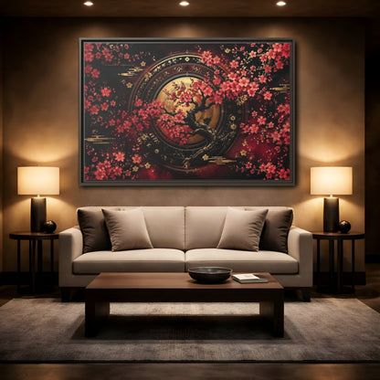 Mockup 2. Floral Cherry Blossom Tree Red Black Gold shown as stretched canvas wall art