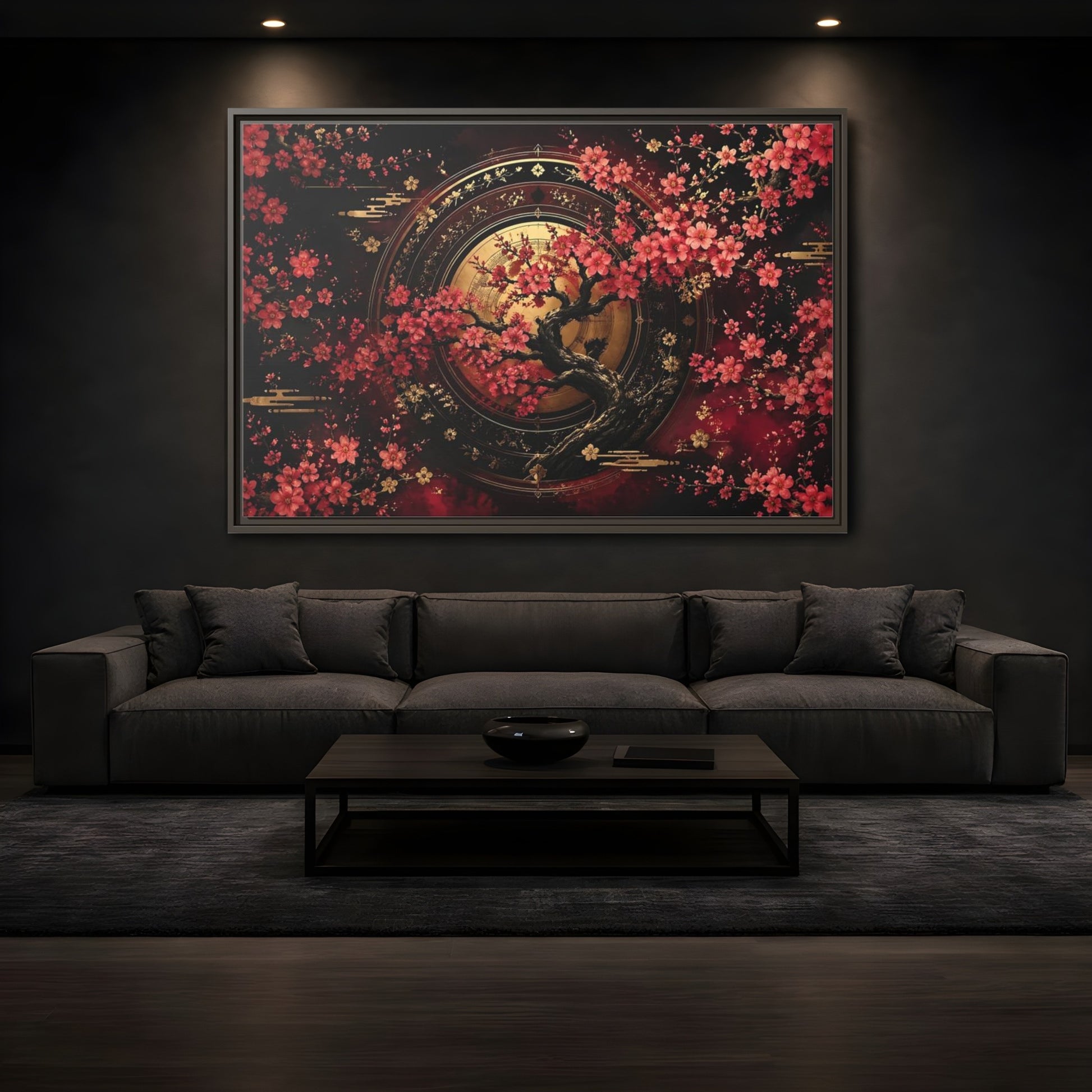 Mockup 3. Floral Cherry Blossom Tree Red Black Gold shown as stretched canvas wall art