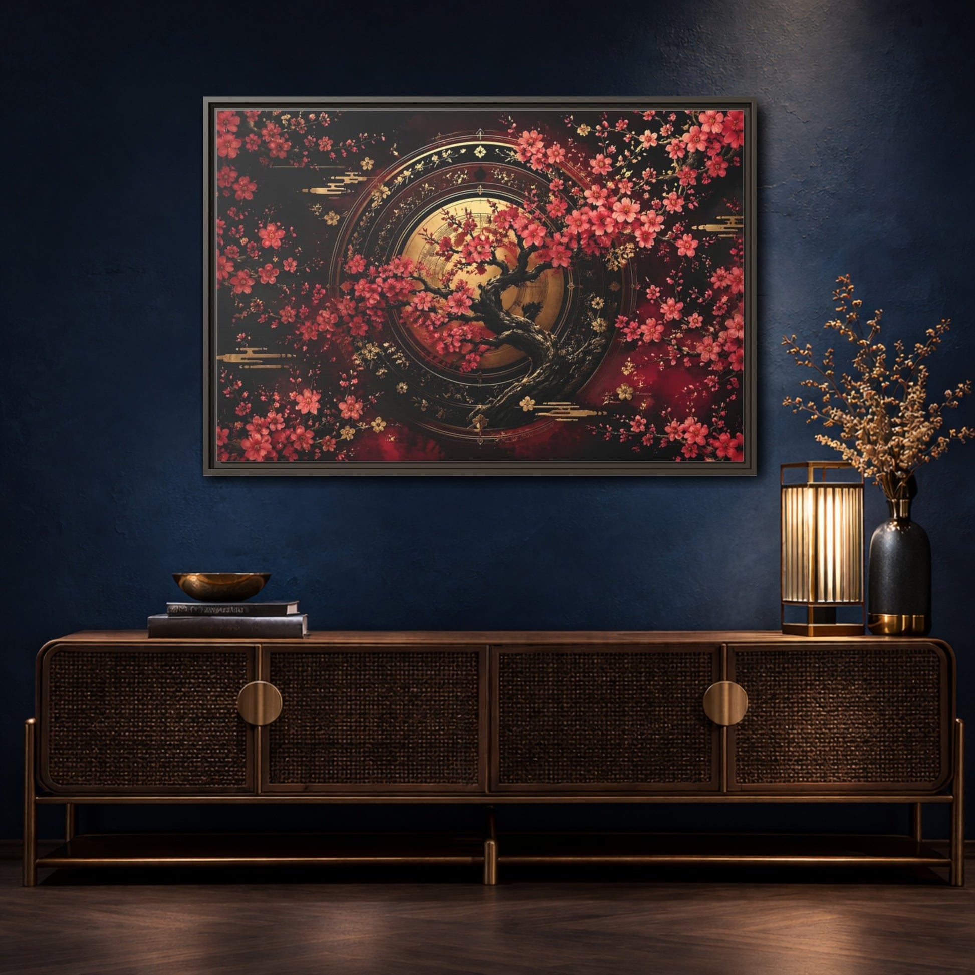 Mockup 4. Floral Cherry Blossom Tree Red Black Gold shown as stretched canvas wall art