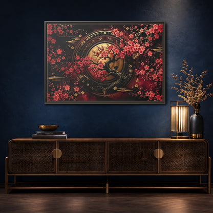 Mockup 4. Floral Cherry Blossom Tree Red Black Gold shown as stretched canvas wall art