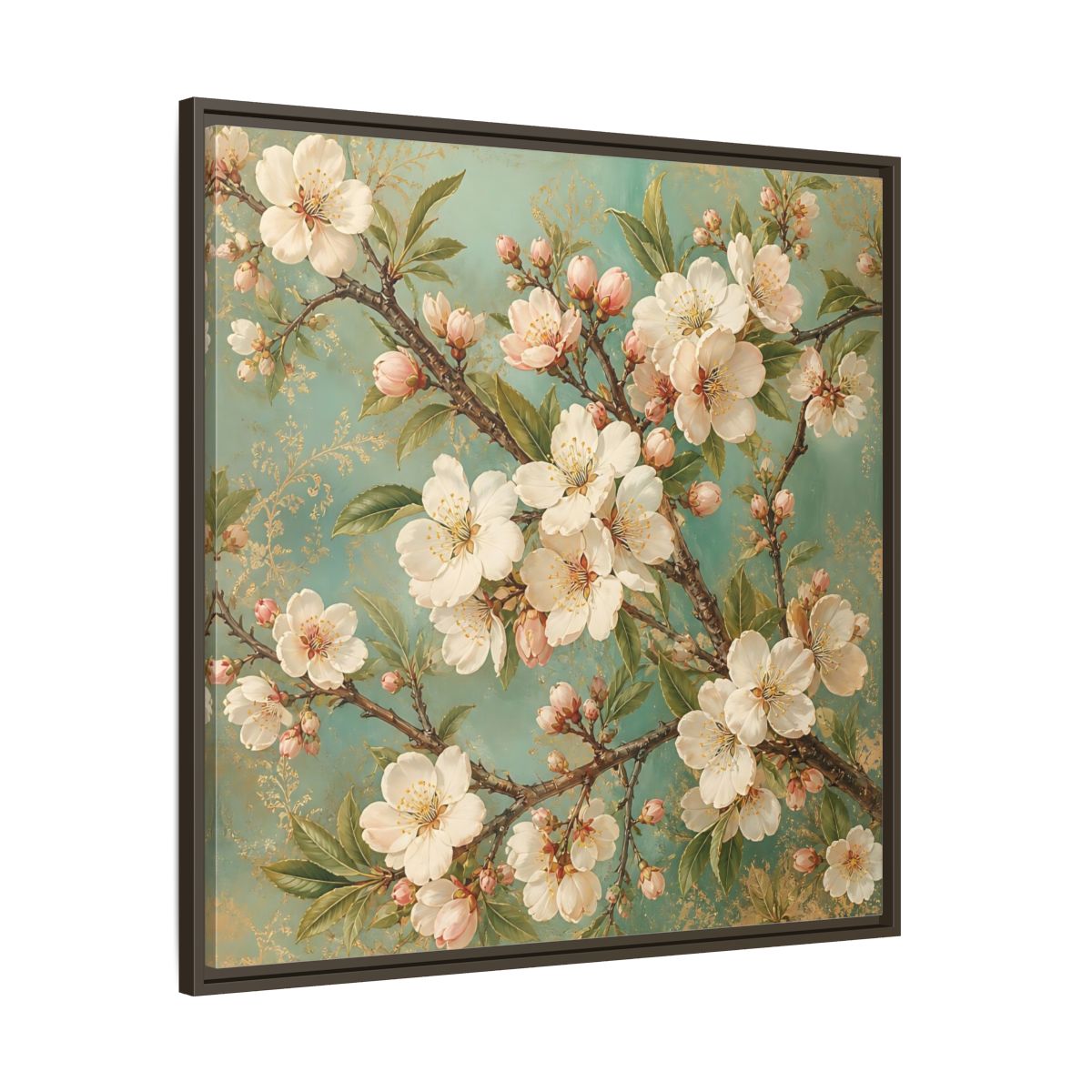 Main Mockup. Floral Cherry Blossoms Cherry Blossom Teal shown as stretched canvas wall art