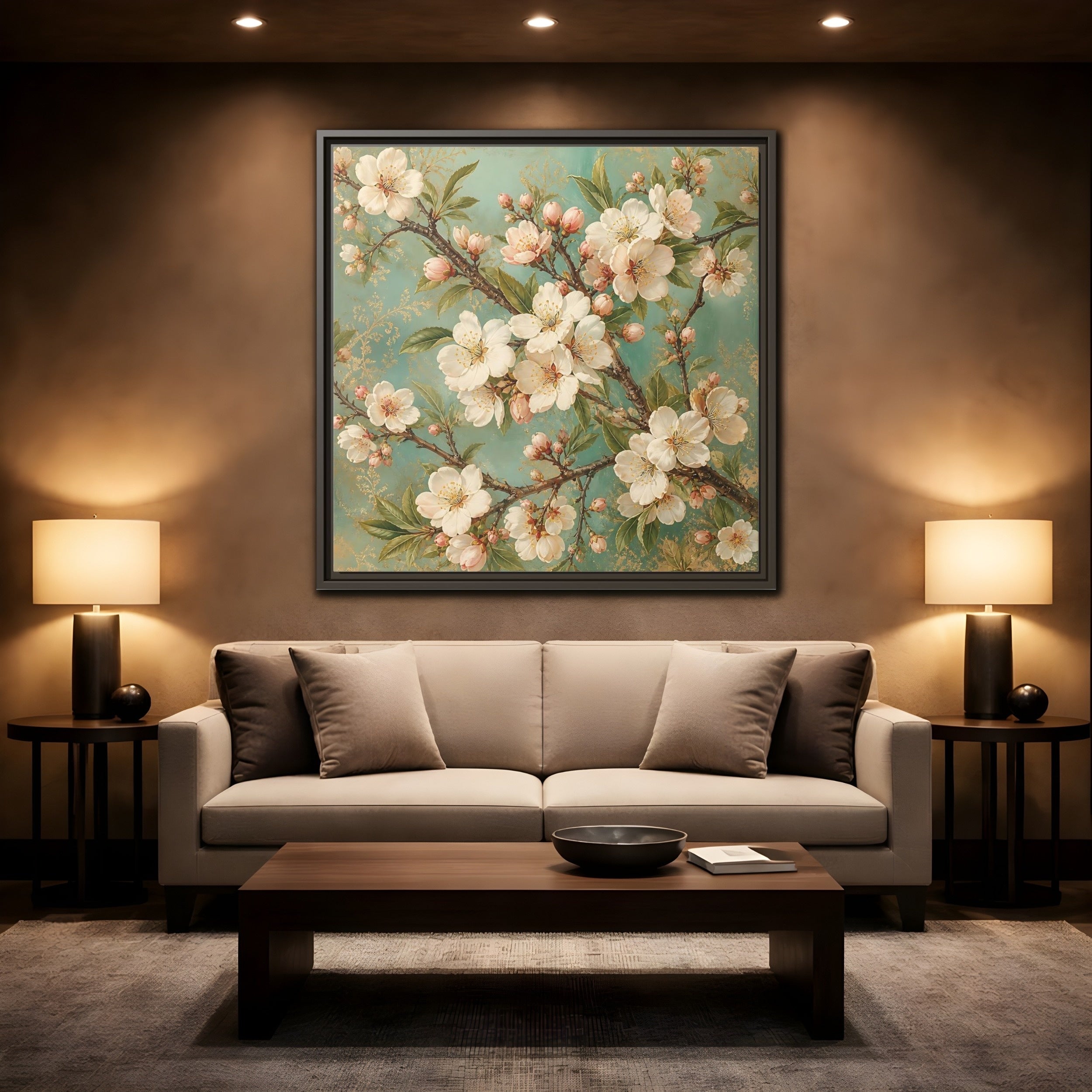 Mockup 2. Floral Cherry Blossoms Cherry Blossom Teal shown as stretched canvas wall art
