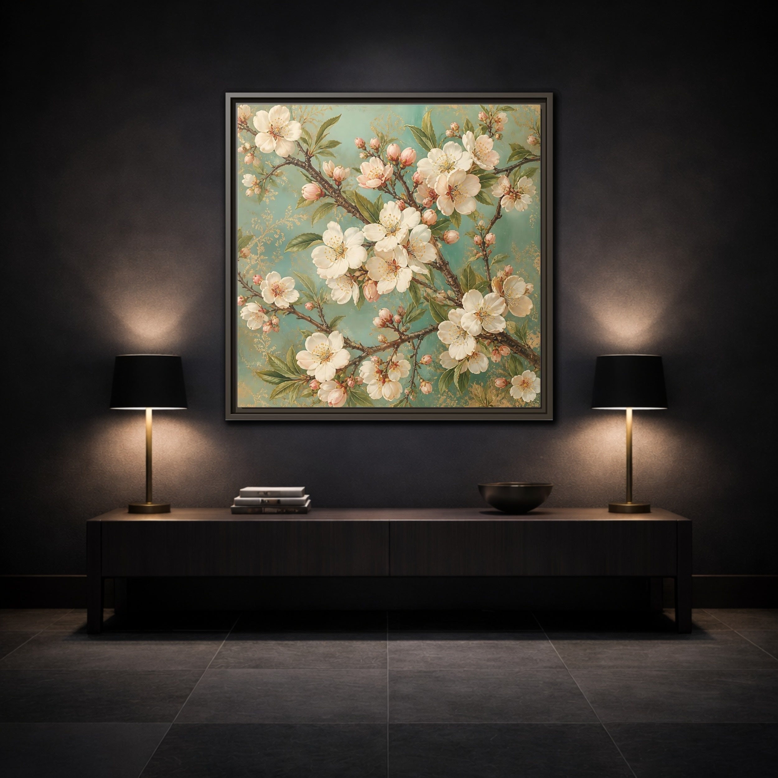 Mockup 3. Floral Cherry Blossoms Cherry Blossom Teal shown as stretched canvas wall art