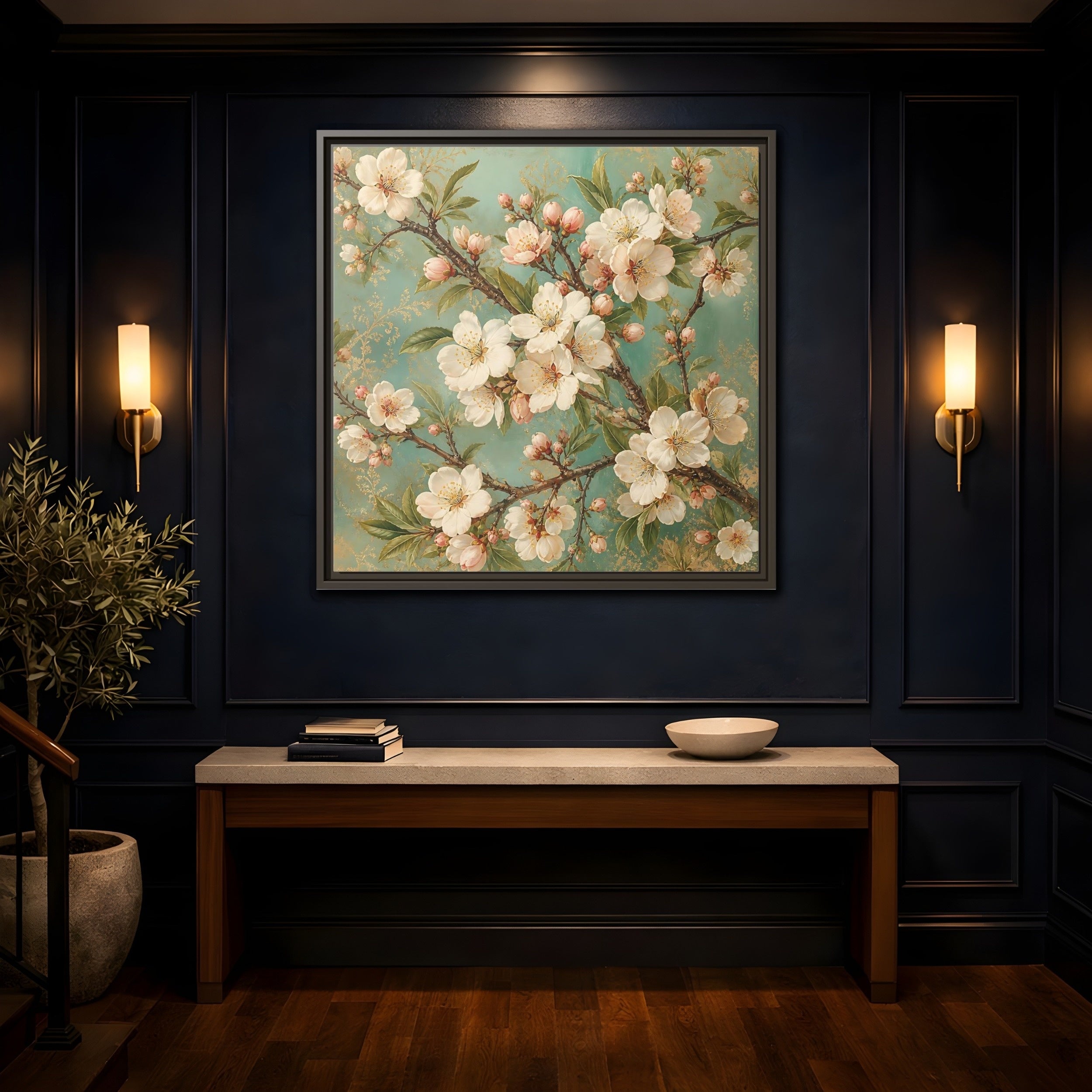 Mockup 4. Floral Cherry Blossoms Cherry Blossom Teal shown as stretched canvas wall art