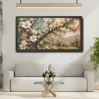 Mockup 2. Floral Cherry Blossoms Colorful Floral shown as stretched canvas wall art