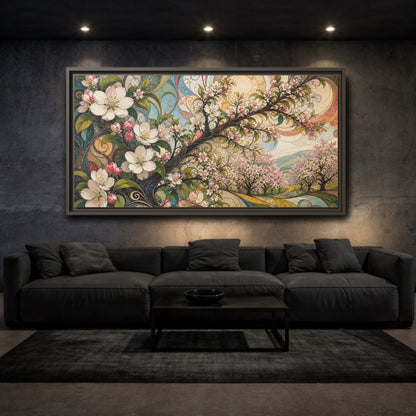 Mockup 3. Floral Cherry Blossoms Colorful Floral shown as stretched canvas wall art
