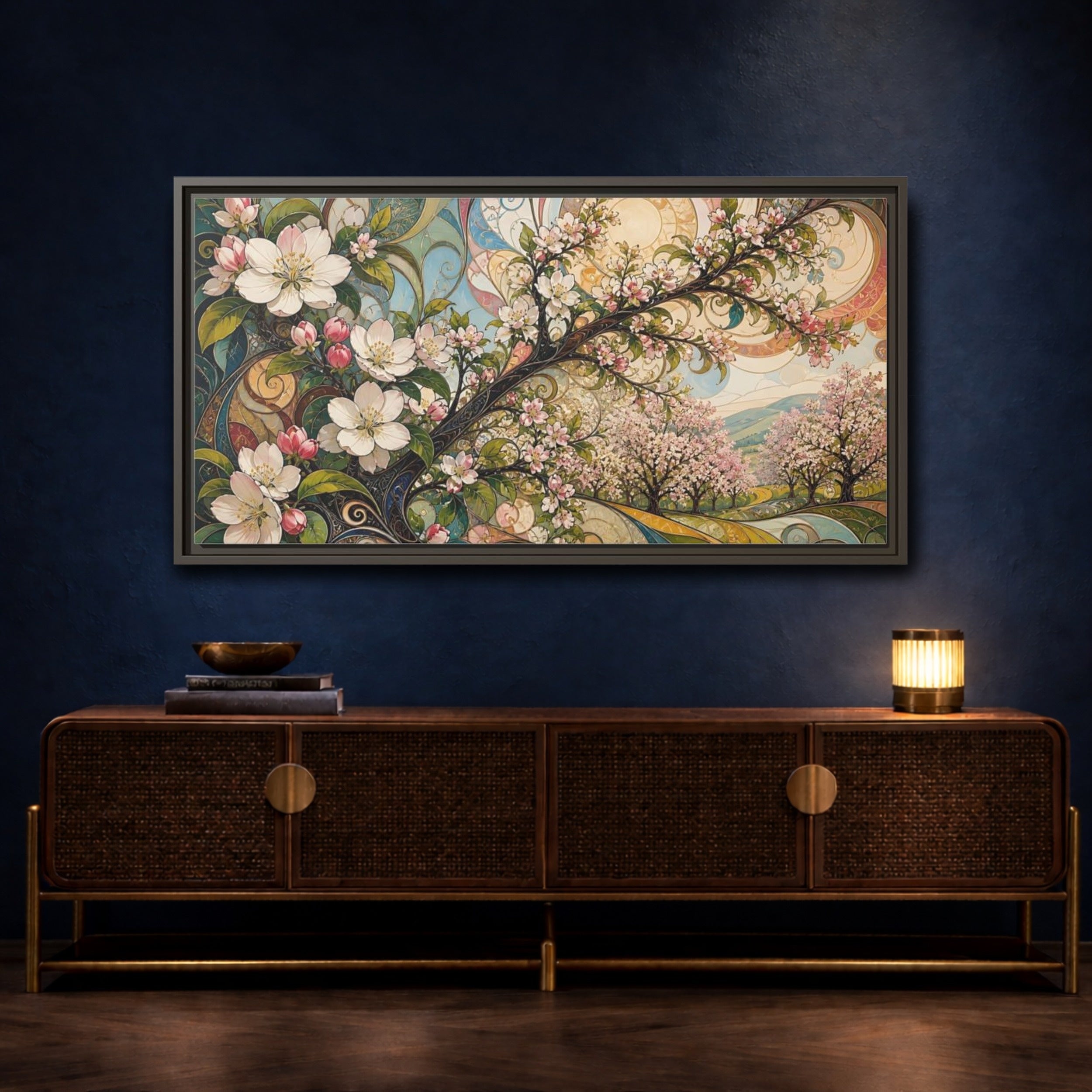 Mockup 4. Floral Cherry Blossoms Colorful Floral shown as stretched canvas wall art