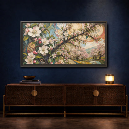Mockup 4. Floral Cherry Blossoms Colorful Floral shown as stretched canvas wall art