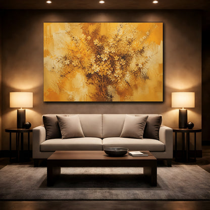 Mockup 2. Floral Cherry Blossoms Golden Floral Abstract shown as stretched canvas wall art
