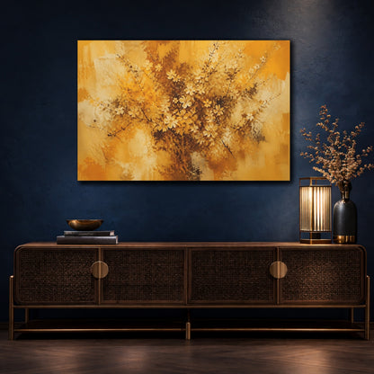Mockup 4. Floral Cherry Blossoms Golden Floral Abstract shown as stretched canvas wall art