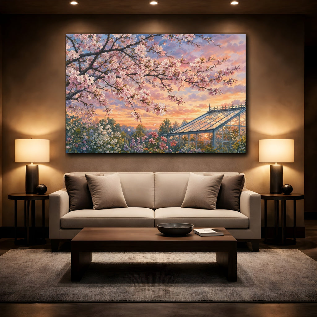 Mockup 2. Floral Cherry Blossoms Pastel Floral Landscape shown as stretched canvas wall art