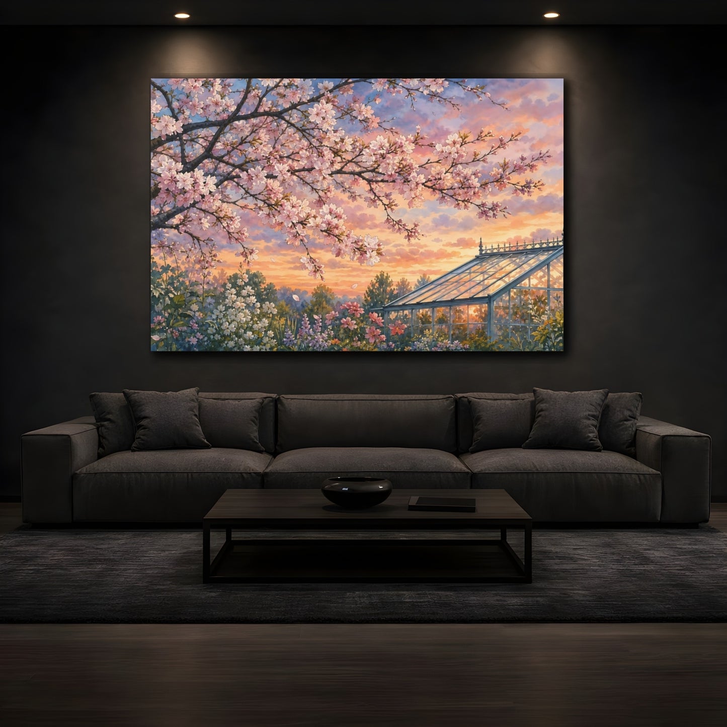 Mockup 3. Floral Cherry Blossoms Pastel Floral Landscape shown as stretched canvas wall art