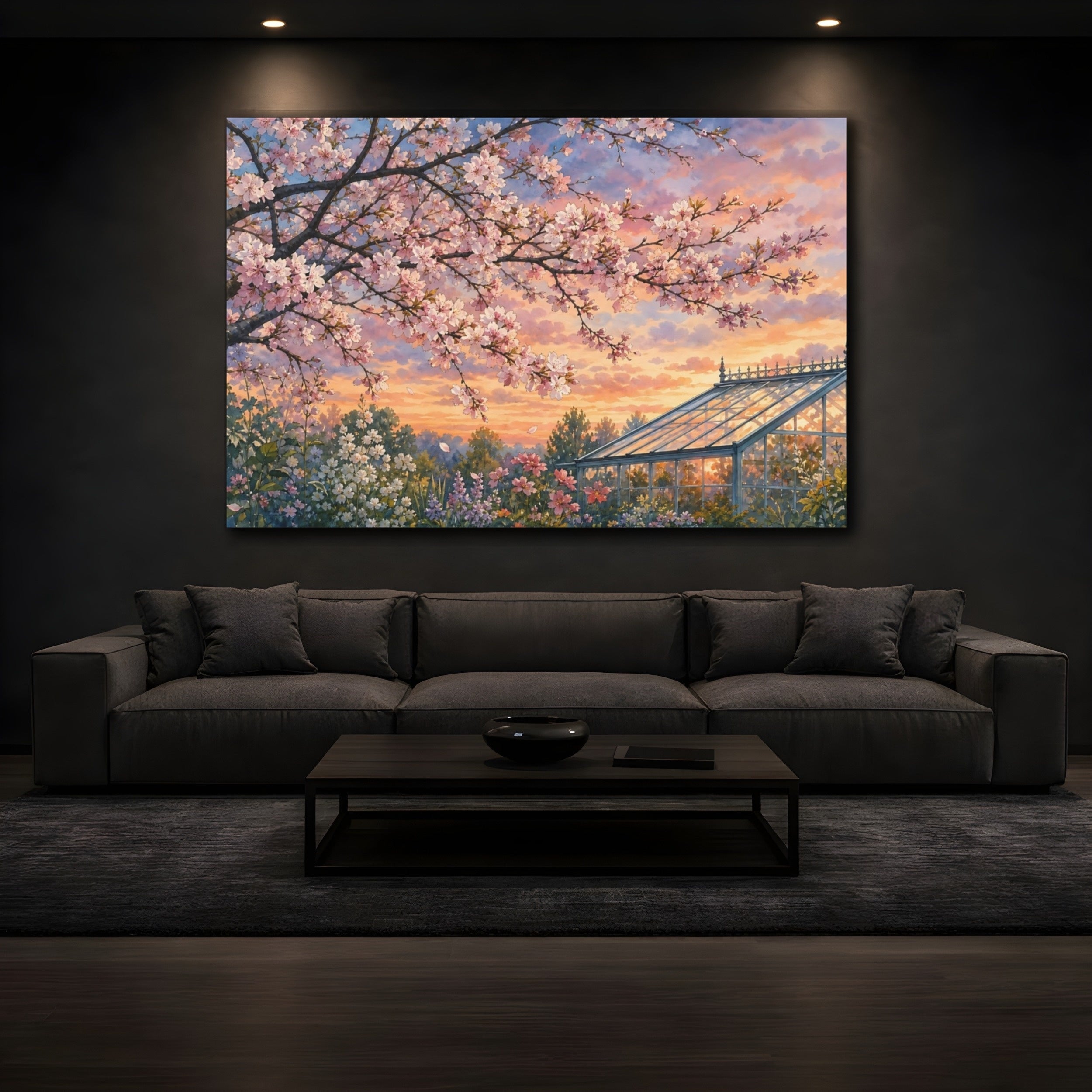 Mockup 3. Floral Cherry Blossoms Pastel Floral Landscape shown as stretched canvas wall art