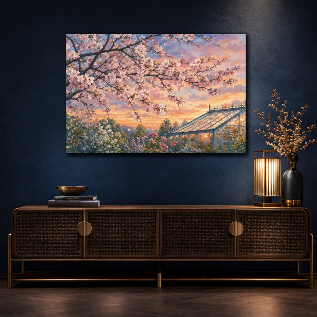 Mockup 4. Floral Cherry Blossoms Pastel Floral Landscape shown as stretched canvas wall art