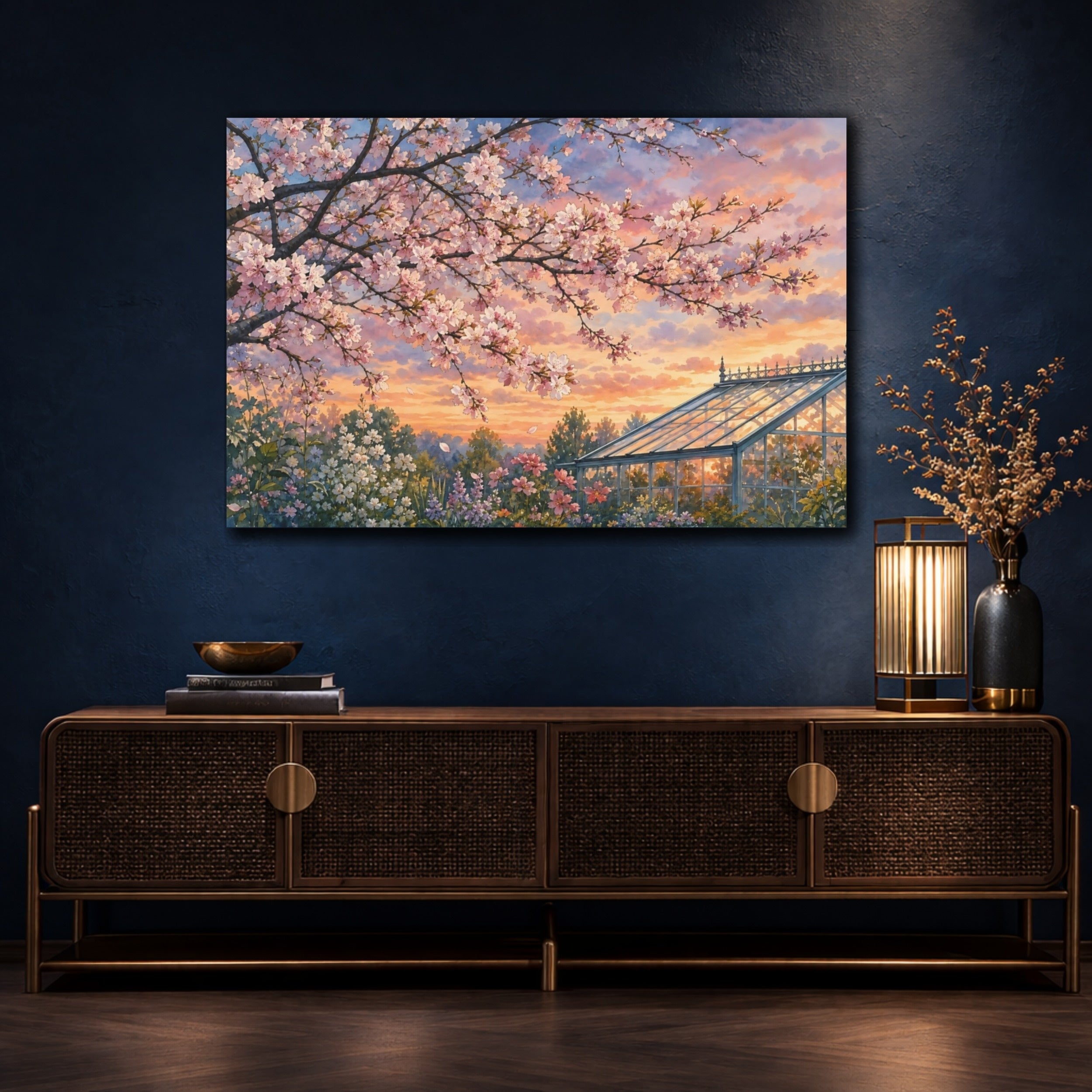Mockup 4. Floral Cherry Blossoms Pastel Floral Landscape shown as stretched canvas wall art