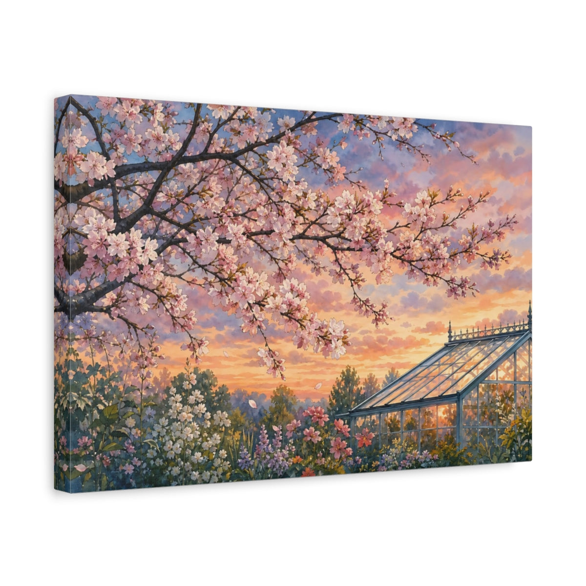 Side Mockup 4. Floral Cherry Blossoms Pastel Floral Landscape shown as stretched canvas wall art